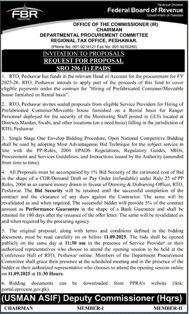 Federal Board of Revenue Tender Notice